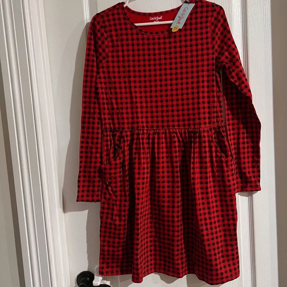 Cat‎ & Jack Youth Girls' Red Black Plaid Printed Long Sleeve Dress Size XXL NWT